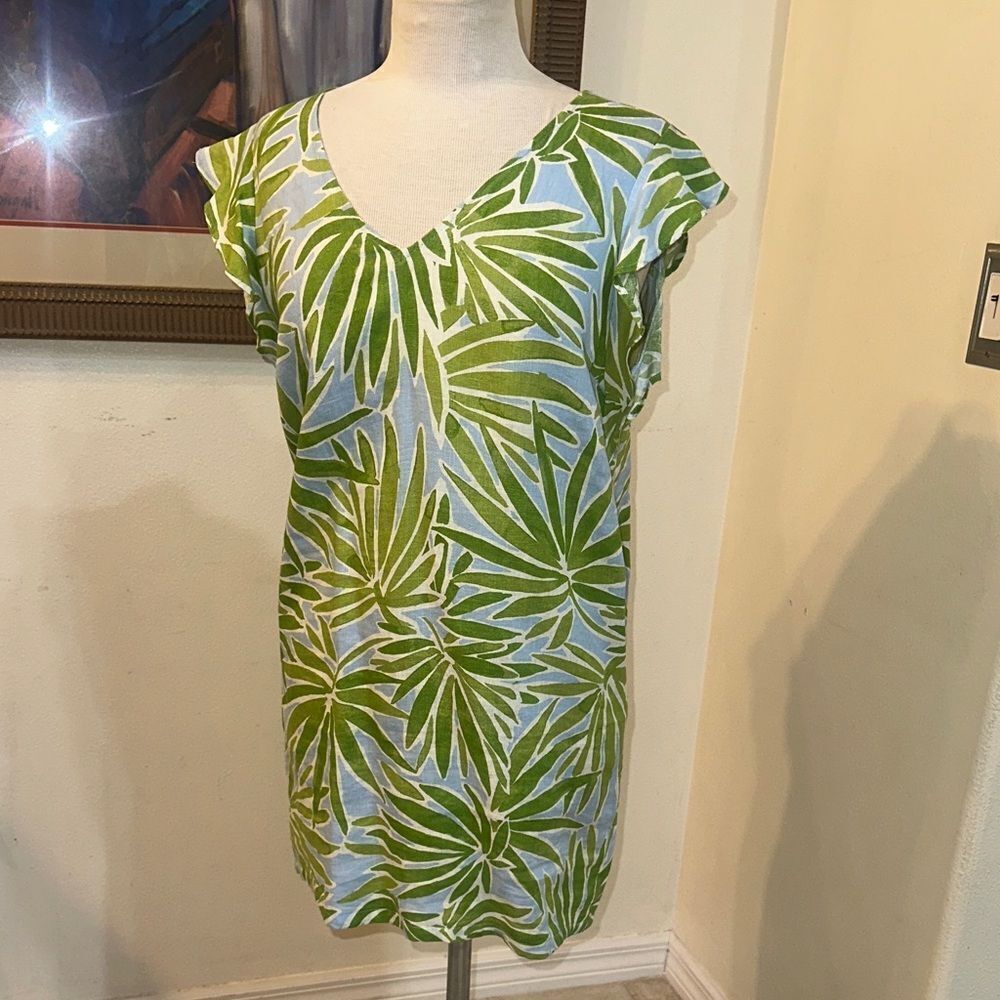Sigrid Olsen 100% Linen Green/Blue Leaf Print Tunic/Dress Size Large